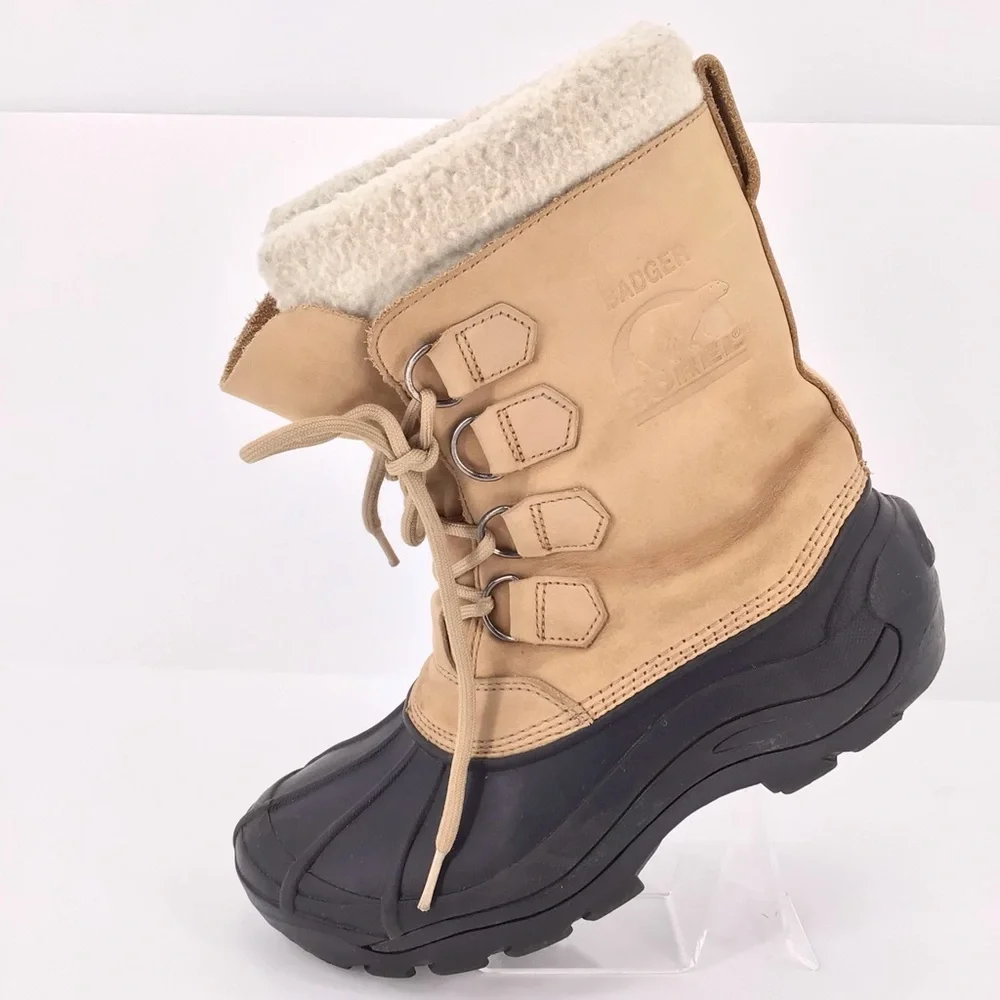 Sorel US Badger II Boots Beige Tan Leather Brown Rubber Winter Lined Size 8
